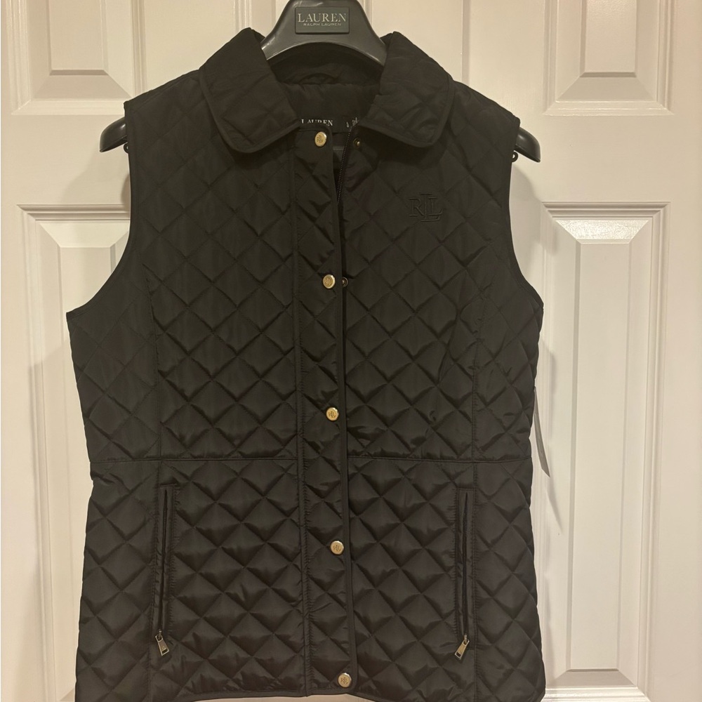Ralph Lauren Black Quilted Vest with Gold Details